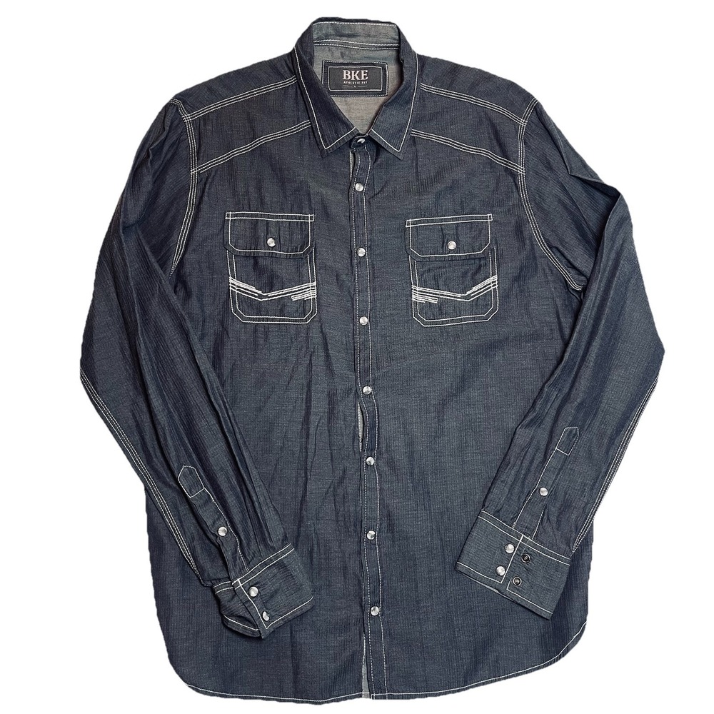 BKE Button Down‎ Mens Large Blue Athletic Fit Chambray Denim Jean Western Rodeo